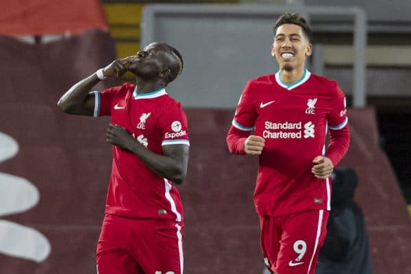 LIVERPOOL, ENGLAND - Sunday, December 27, 2020: Liverpool's Sadio Mané celebrates after scoring the first goal during the FA Premier League match between Liverpool FC and West Bromwich Albion FC at Anfield. (Pic by David Rawcliffe/Propaganda)