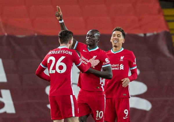 LIVERPOOL, ENGLAND - Sunday, December 27, 2020: Liverpool's Sadio Mané celebrates after scoring the first goal during the FA Premier League match between Liverpool FC and West Bromwich Albion FC at Anfield. (Pic by David Rawcliffe/Propaganda)