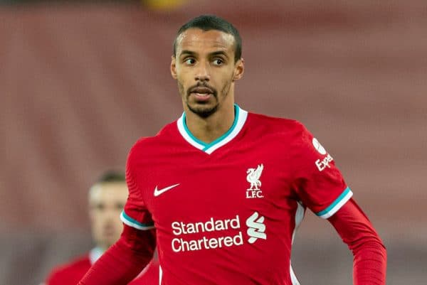 LIVERPOOL, ENGLAND - Sunday, December 27, 2020: Liverpool's Joel Matip during the FA Premier League match between Liverpool FC and West Bromwich Albion FC at Anfield. (Pic by David Rawcliffe/Propaganda)