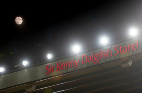 LIVERPOOL, ENGLAND - Sunday, December 27, 2020: The moon rises over the Kenny Dalglish Stand (formerly the Centenary and Kemlyn Road) during the FA Premier League match between Liverpool FC and West Bromwich Albion FC at Anfield. (Pic by David Rawcliffe/Propaganda)