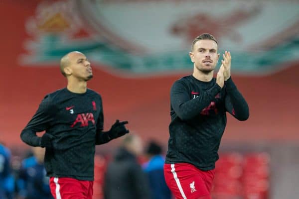 LIVERPOOL, ENGLAND - Sunday, December 27, 2020: Liverpool's captain Jordan Henderson during the pre-match warm-up before the FA Premier League match between Liverpool FC and West Bromwich Albion FC at Anfield. (Pic by David Rawcliffe/Propaganda)