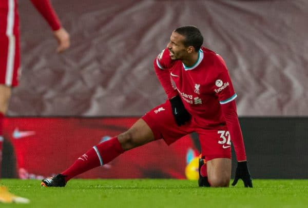 LIVERPOOL, ENGLAND - Sunday, December 27, 2020: Liverpool's Joel Matip goes off with an injury, replaced by substitute Rhys Williams, during the FA Premier League match between Liverpool FC and West Bromwich Albion FC at Anfield. (Pic by David Rawcliffe/Propaganda)