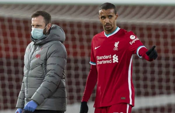 LIVERPOOL, ENGLAND - Sunday, December 27, 2020: Liverpool's Joel Matip goes off with an injury, replaced by substitute Rhys Williams, during the FA Premier League match between Liverpool FC and West Bromwich Albion FC at Anfield. (Pic by David Rawcliffe/Propaganda)