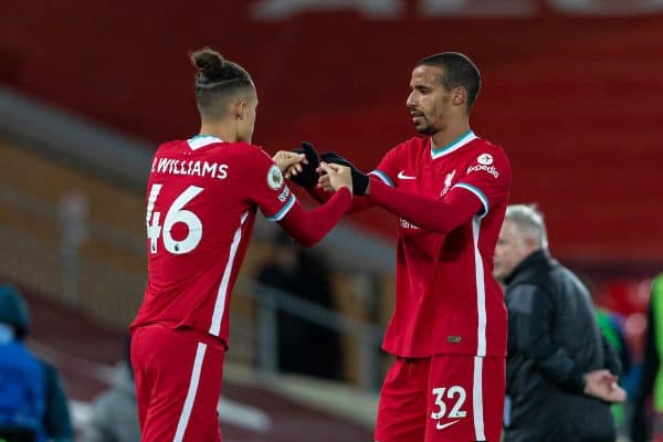 LIVERPOOL, ENGLAND - Sunday, December 27, 2020: Liverpool's Joel Matip goes off with an injury, replaced by substitute Rhys Williams, during the FA Premier League match between Liverpool FC and West Bromwich Albion FC at Anfield. (Pic by David Rawcliffe/Propaganda)