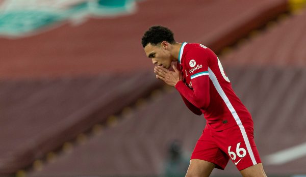 LIVERPOOL, ENGLAND - Sunday, December 27, 2020: Liverpool's Trent Alexander-Arnold looks dejected after missing a chance during the FA Premier League match between Liverpool FC and West Bromwich Albion FC at Anfield. (Pic by David Rawcliffe/Propaganda)