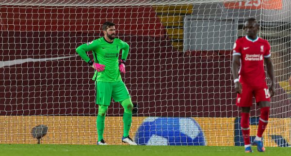 LIVERPOOL, ENGLAND - Sunday, December 27, 2020: Liverpool's goalkeeper Alisson Becker looks dejected as West Bromwich Albion score the first equalising goal during the FA Premier League match between Liverpool FC and West Bromwich Albion FC at Anfield. (Pic by David Rawcliffe/Propaganda)