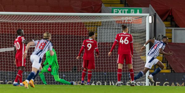 LIVERPOOL, ENGLAND - Sunday, December 27, 2020: West Bromwich Albion's Semi Ajayi celebrates after scoring the first equalising goal during the FA Premier League match between Liverpool FC and West Bromwich Albion FC at Anfield. (Pic by David Rawcliffe/Propaganda)