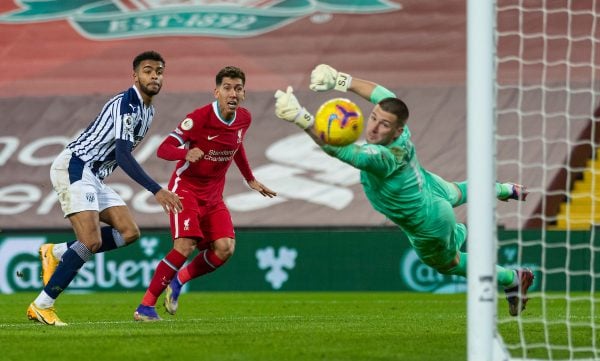 LIVERPOOL, ENGLAND - Sunday, December 27, 2020: Liverpool's Roberto Firmino sees his header saved by West Bromwich Albion's goalkeeper Sam Johnstone during the FA Premier League match between Liverpool FC and West Bromwich Albion FC at Anfield. (Pic by David Rawcliffe/Propaganda)
