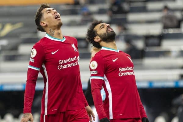 NEWCASTLE-UPON-TYNE, ENGLAND - Wednesday, December 30, 2020: Liverpool’s Mohamed Salah (R) looks dejected after missing a chance during the FA Premier League match between Newcastle United FC and Liverpool FC at Anfield. (Pic by David Rawcliffe/Propaganda)