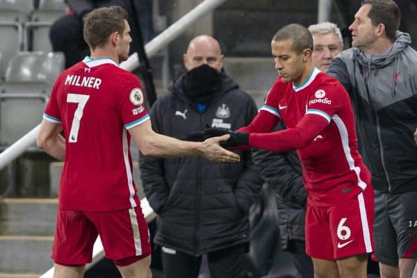 NEWCASTLE-UPON-TYNE, ENGLAND - Wednesday, December 30, 2020: Liverpool’s Thiago Alcantara prepares to come on as a substitute during the FA Premier League match between Newcastle United FC and Liverpool FC at Anfield. (Pic by David Rawcliffe/Propaganda)