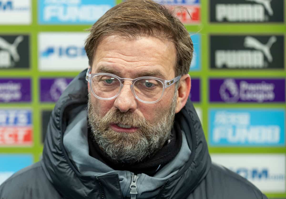 NEWCASTLE-UPON-TYNE, ENGLAND - Wednesday, December 30, 2020: Liverpool’s manager Jürgen Klopp gives a television interview before the FA Premier League match between Newcastle United FC and Liverpool FC at Anfield. (Pic by David Rawcliffe/Propaganda)