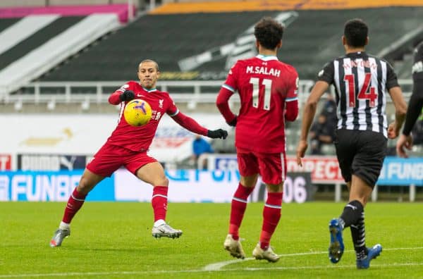 NEWCASTLE-UPON-TYNE, ENGLAND - Wednesday, December 30, 2020: Liverpool’s Thiago Alcantara shoots during the FA Premier League match between Newcastle United FC and Liverpool FC at Anfield. (Pic by David Rawcliffe/Propaganda)