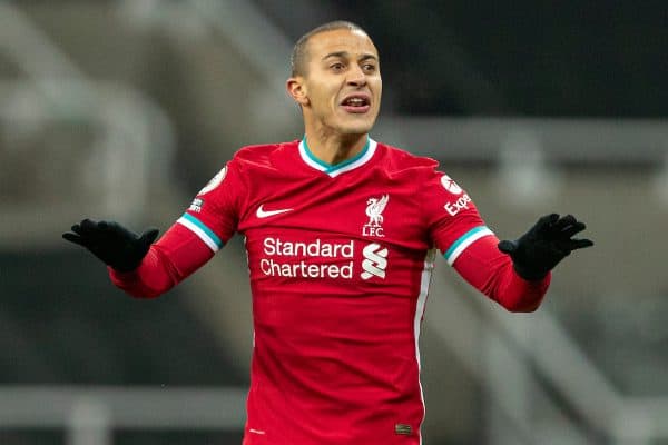 NEWCASTLE-UPON-TYNE, ENGLAND - Wednesday, December 30, 2020: Liverpool’s Thiago Alcantara during the FA Premier League match between Newcastle United FC and Liverpool FC at Anfield. (Pic by David Rawcliffe/Propaganda)