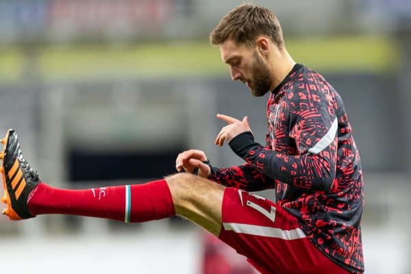 NEWCASTLE-UPON-TYNE, ENGLAND - Wednesday, December 30, 2020: Liverpool’s Nathaniel Phillips during the pre-match warm-up before the FA Premier League match between Newcastle United FC and Liverpool FC at Anfield. (Pic by David Rawcliffe/Propaganda)