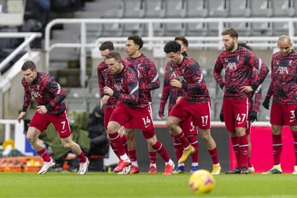 NEWCASTLE-UPON-TYNE, ENGLAND - Wednesday, December 30, 2020: Liverpool’s James Milner, captain Jordan Henderson , Curtis Jones and Nathaniel Phillips during the pre-match warm-up before the FA Premier League match between Newcastle United FC and Liverpool FC at Anfield. (Pic by David Rawcliffe/Propaganda)