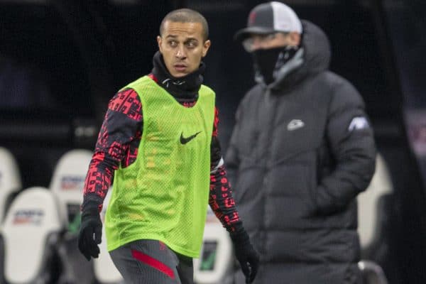 NEWCASTLE-UPON-TYNE, ENGLAND - Wednesday, December 30, 2020: Liverpool’s Thiago Alcantara warms-up at half-time as manager Jürgen Klopp looks on during the FA Premier League match between Newcastle United FC and Liverpool FC at Anfield. (Pic by David Rawcliffe/Propaganda)