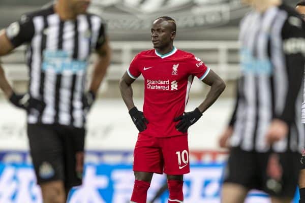 NEWCASTLE-UPON-TYNE, ENGLAND - Wednesday, December 30, 2020: Liverpool’s Sadio Mané looks dejected after missing a chance during the FA Premier League match between Newcastle United FC and Liverpool FC at Anfield. (Pic by David Rawcliffe/Propaganda)