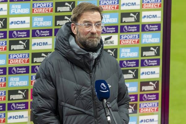 NEWCASTLE-UPON-TYNE, ENGLAND - Wednesday, December 30, 2020: Liverpool’s manager Jürgen Klopp gives a television interview before the FA Premier League match between Newcastle United FC and Liverpool FC at Anfield. (Pic by David Rawcliffe/Propaganda)