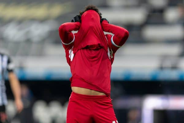 NEWCASTLE-UPON-TYNE, ENGLAND - Wednesday, December 30, 2020: Liverpool’s Mohamed Salah looks dejected after missing a chance during the FA Premier League match between Newcastle United FC and Liverpool FC at Anfield. (Pic by David Rawcliffe/Propaganda)