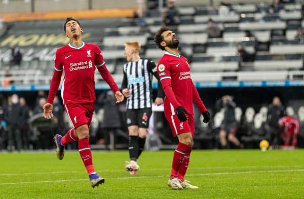 NEWCASTLE-UPON-TYNE, ENGLAND - Wednesday, December 30, 2020: Liverpool’s Mohamed Salah (R) looks dejected after missing a chance during the FA Premier League match between Newcastle United FC and Liverpool FC at Anfield. (Pic by David Rawcliffe/Propaganda)