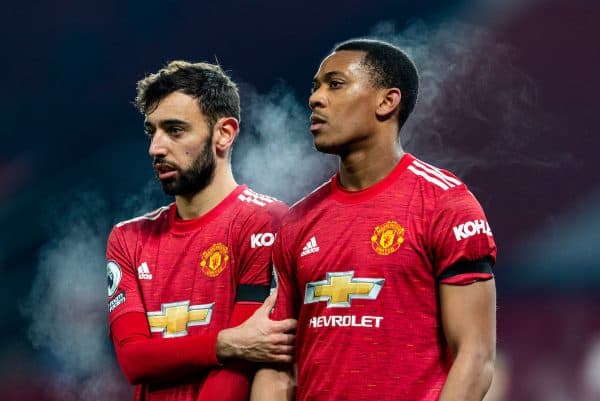 MANCHESTER, ENGLAND - Friday, January 1, 2020: Manchester United's Bruno Fernandes (L) and Anthony Martial during the New Year's Day FA Premier League match between Manchester United FC and Aston Villa FC at Old Trafford. The game was played behind closed doors due to the UK government putting Greater Manchester in Tier 4: Stay at Home during the Coronavirus COVID-19 Pandemic. (Pic by David Rawcliffe/Propaganda)