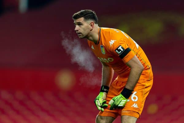 MANCHESTER, ENGLAND - Friday, January 1, 2020: Aston Villa's goalkeeper Emiliano Martínez during the New Year's Day FA Premier League match between Manchester United FC and Aston Villa FC at Old Trafford. The game was played behind closed doors due to the UK government putting Greater Manchester in Tier 4: Stay at Home during the Coronavirus COVID-19 Pandemic. (Pic by David Rawcliffe/Propaganda)