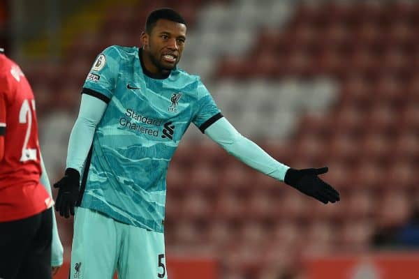 SOUTHAMPTON, ENGLAND - Monday, January 4, 2021: Liverpool's Georginio Wijnaldum looks dejected during the FA Premier League match between Southampton FC and Liverpool FC at St Mary's Stadium. Southampton won 1-0. (Pic by Propaganda)