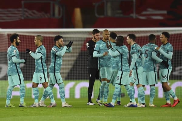 SOUTHAMPTON, ENGLAND - Monday, January 4, 2021: Liverpool players before the FA Premier League match between Southampton FC and Liverpool FC at St Mary's Stadium. (Pic by Propaganda)