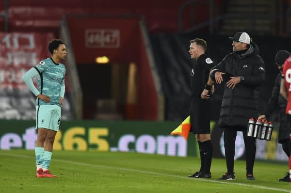 SOUTHAMPTON, ENGLAND - Monday, January 4, 2021: Liverpool's manager Jürgen Klopp (R) and Trent Alexander-Arnold during the FA Premier League match between Southampton FC and Liverpool FC at St Mary's Stadium. (Pic by Propaganda)