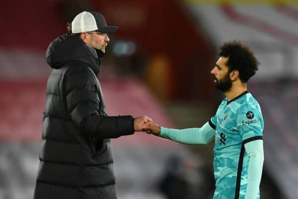 SOUTHAMPTON, ENGLAND - Monday, January 4, 2021: Liverpool's manager Jürgen Klopp (L) and Mohamed Salah after the 1-0 defeat during the FA Premier League match between Southampton FC and Liverpool FC at St Mary's Stadium. (Pic by Propaganda)