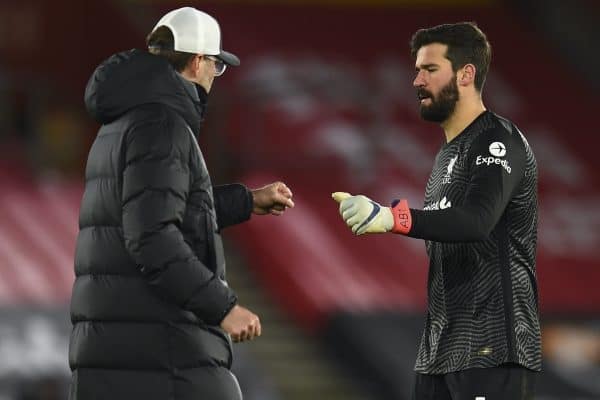 SOUTHAMPTON, ENGLAND - Monday, January 4, 2021: Liverpool's manager Jürgen Klopp (L) and goalkeeper Alisson Becker after the 1-0 defeat during the FA Premier League match between Southampton FC and Liverpool FC at St Mary's Stadium. (Pic by Propaganda)