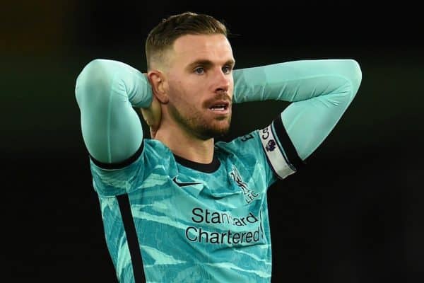 SOUTHAMPTON, ENGLAND - Monday, January 4, 2021: Liverpool's captain Jordan Henderson looks dejected during the FA Premier League match between Southampton FC and Liverpool FC at St Mary's Stadium. Southampton won 1-0. (Pic by Propaganda)