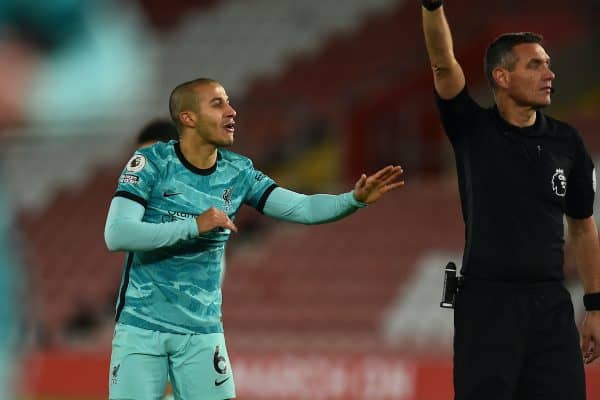 SOUTHAMPTON, ENGLAND - Monday, January 4, 2021: Liverpool's Thiago Alcantara appels to referee Andre Marriner during the FA Premier League match between Southampton FC and Liverpool FC at St Mary's Stadium. Southampton won 1-0. (Pic by Propaganda)