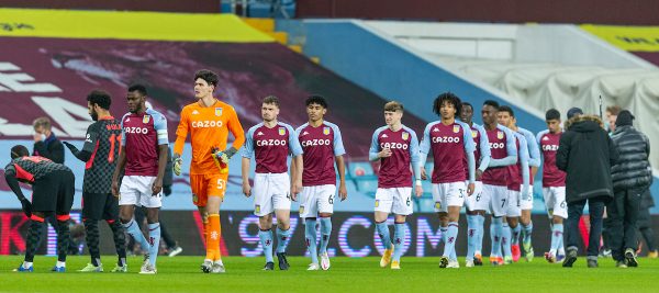 LIVERPOOL, ENGLAND - Tuesday, February 4, 2020: Aston Villa's young tean, average age 18. walk out to face Liverpool before the FA Cup 4th Round Replay match between Liverpool FC and Shrewsbury Town at Anfield. (Pic by David Rawcliffe/Propaganda)