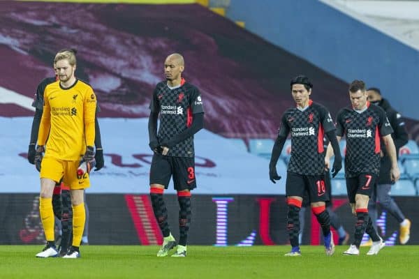 LIVERPOOL, ENGLAND - Tuesday, February 4, 2020: Liverpool players walk out to face Aston Villa during the FA Cup 4th Round Replay match between Liverpool FC and Shrewsbury Town at Anfield. (Pic by David Rawcliffe/Propaganda)