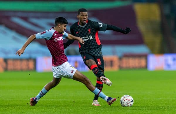 LIVERPOOL, ENGLAND - Tuesday, February 4, 2020: Liverpool's Georginio Wijnaldum (R) and Aston Villa's Arjan Raikhy during the FA Cup 4th Round Replay match between Liverpool FC and Shrewsbury Town at Anfield. (Pic by David Rawcliffe/Propaganda)