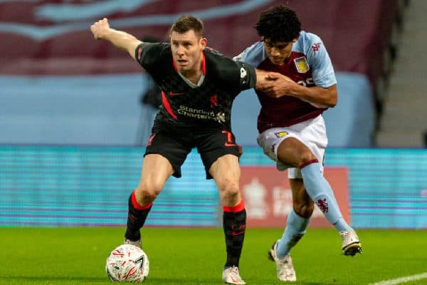 LIVERPOOL, ENGLAND - Tuesday, February 4, 2020: Liverpool's James Milner (L) and Aston Villa's Kaine Hayden during the FA Cup 4th Round Replay match between Liverpool FC and Shrewsbury Town at Anfield. (Pic by David Rawcliffe/Propaganda)