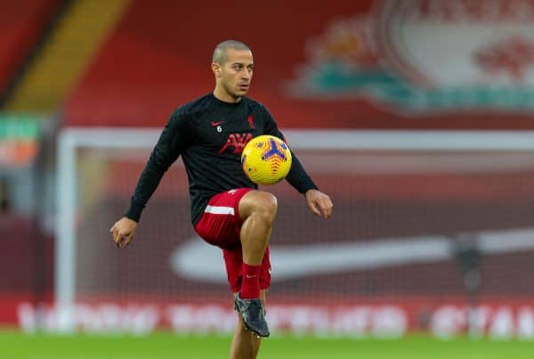 LIVERPOOL, ENGLAND - Sunday, January 17, 2021: Liverpool's Thiago Alcantara during the pre-match warm-up before the FA Premier League match between Liverpool FC and Manchester United FC at Anfield. (Pic by David Rawcliffe/Propaganda)