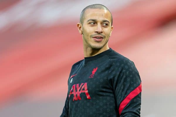 LIVERPOOL, ENGLAND - Sunday, January 17, 2021: Liverpool's Thiago Alcantara during the pre-match warm-up before the FA Premier League match between Liverpool FC and Manchester United FC at Anfield. (Pic by David Rawcliffe/Propaganda)