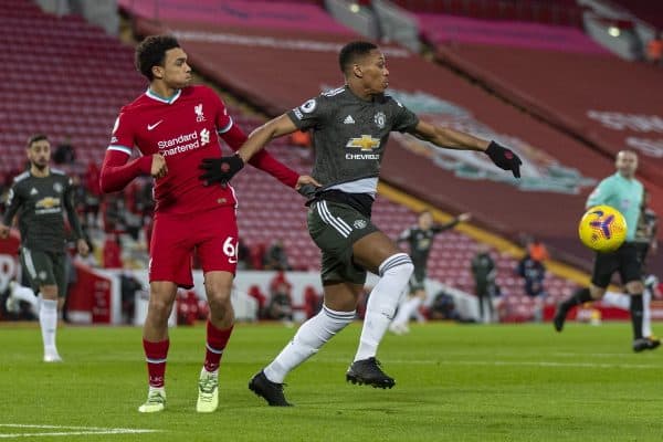 LIVERPOOL, ENGLAND - Sunday, January 17, 2021: Liverpool's Trent Alexander-Arnold (L) and Manchester United's Anthony Martial during the FA Premier League match between Liverpool FC and Manchester United FC at Anfield. (Pic by David Rawcliffe/Propaganda)