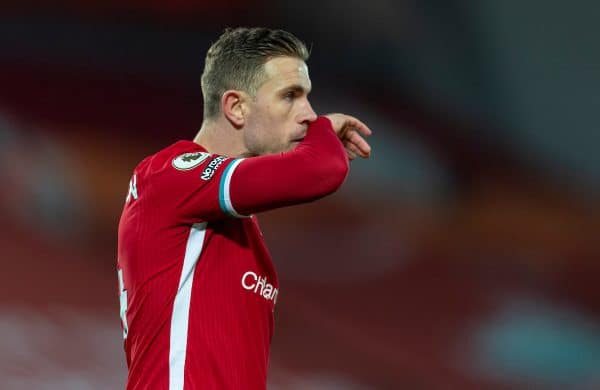 LIVERPOOL, ENGLAND - Sunday, January 17, 2021: Liverpool's captain Jordan Henderson during the FA Premier League match between Liverpool FC and Manchester United FC at Anfield. (Pic by David Rawcliffe/Propaganda)