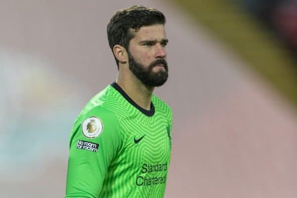 LIVERPOOL, ENGLAND - Sunday, January 17, 2021: Liverpool's goalkeeper Alisson Becker during the FA Premier League match between Liverpool FC and Manchester United FC at Anfield. (Pic by David Rawcliffe/Propaganda)