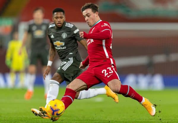 LIVERPOOL, ENGLAND - Sunday, January 17, 2021: Liverpool's Xherdan Shaqiri during the FA Premier League match between Liverpool FC and Manchester United FC at Anfield. (Pic by David Rawcliffe/Propaganda)