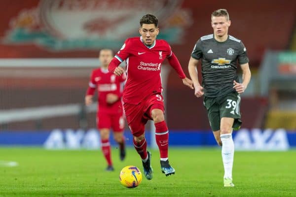 LIVERPOOL, ENGLAND - Sunday, January 17, 2021: Liverpool's Roberto Firmino during the FA Premier League match between Liverpool FC and Manchester United FC at Anfield. (Pic by David Rawcliffe/Propaganda)