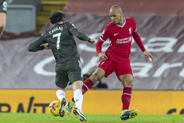 LIVERPOOL, ENGLAND - Sunday, January 17, 2021: Liverpool's Fabio Henrique Tavares 'Fabinho' tackles Manchester United's Edinson Cavani during the FA Premier League match between Liverpool FC and Manchester United FC at Anfield. (Pic by David Rawcliffe/Propaganda)