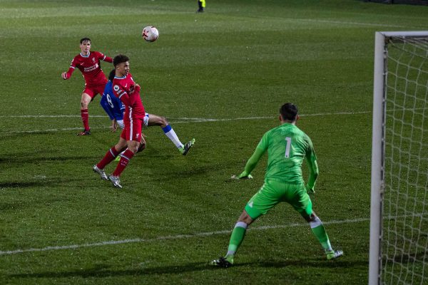 SOUTHPORT, ENGLAND - Monday, January 18, 2021: Liverpool's Tyler Morton scores the first equalising goal during the Premier League 2 Division 1 match between Everton FC Under-23's and Liverpool FC Under-23's at Haig Avenue. (Pic by David Rawcliffe/Propaganda)