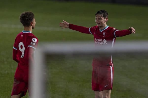 SOUTHPORT, ENGLAND - Monday, January 18, 2021: Liverpool's Tyler Morton celebrates after scoring the first equalising goal during the Premier League 2 Division 1 match between Everton FC Under-23's and Liverpool FC Under-23's at Haig Avenue. (Pic by David Rawcliffe/Propaganda)