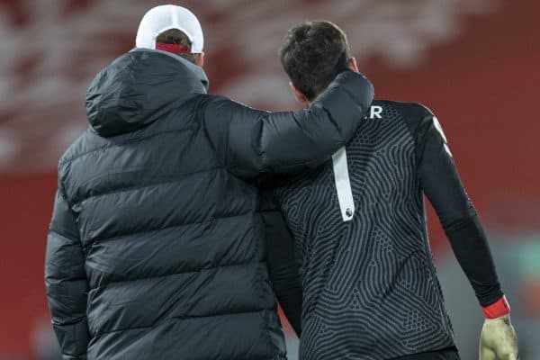 LIVERPOOL, ENGLAND - Thursday, January 21, 2021: Liverpool's manager Jürgen Klopp pulls goalkeeper Alisson Becker away from the referee after losing 1-0 during the FA Premier League match between Liverpool FC and Burnley FC at Anfield. (Pic by David Rawcliffe/Propaganda)