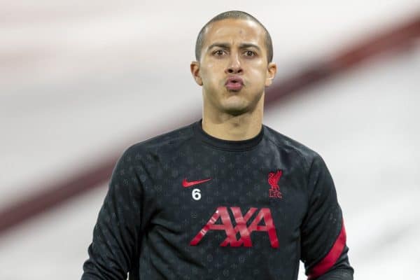 LIVERPOOL, ENGLAND - Thursday, January 21, 2021: Liverpool's Thiago Alcantara during the pre-match warm-up before the FA Premier League match between Liverpool FC and Burnley FC at Anfield. (Pic by David Rawcliffe/Propaganda)