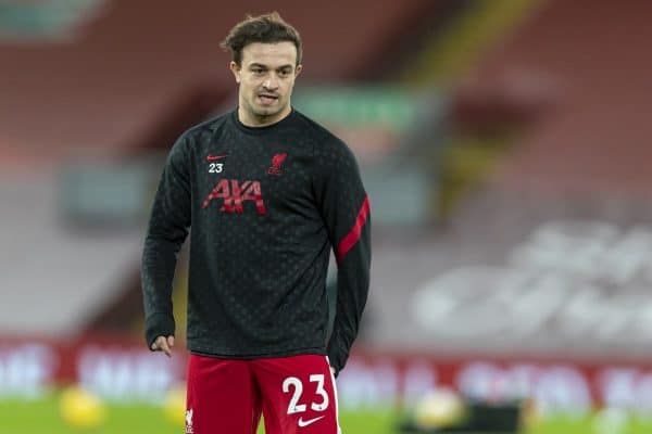 LIVERPOOL, ENGLAND - Thursday, January 21, 2021: Liverpool's Xherdan Shaqiri during the pre-match warm-up before the FA Premier League match between Liverpool FC and Burnley FC at Anfield. (Pic by David Rawcliffe/Propaganda)